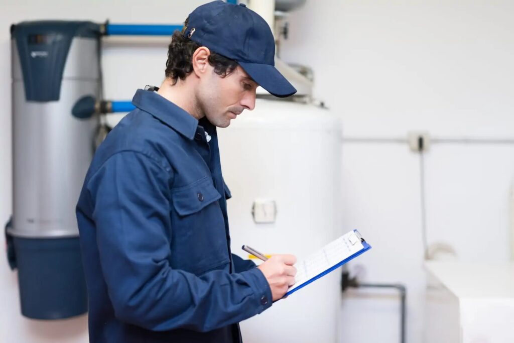 Plumber reviewing checklist and standing next to a water heater.